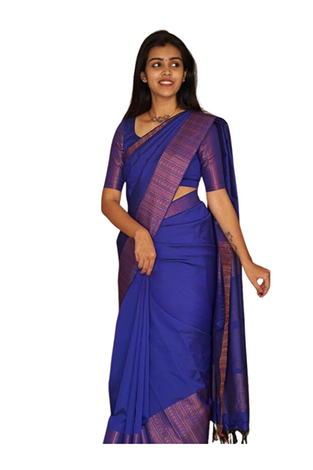 Royal Blue Lichi Silk Saree with Copper Jacquard Pallu - MAF3094 | Blue