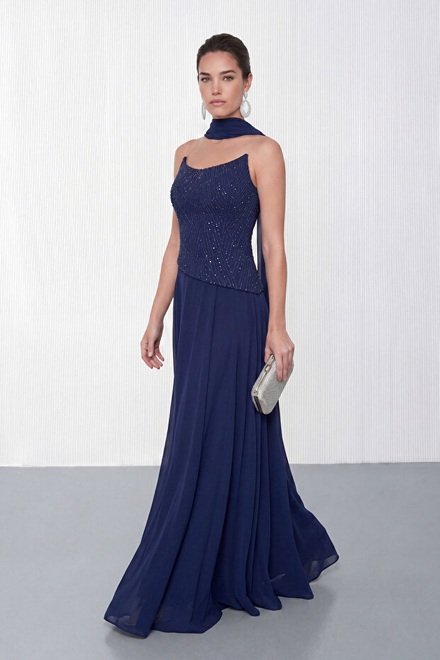 Women's Navy Blue Shawl Collar Beaded Long Promise Engagement Evening Dress