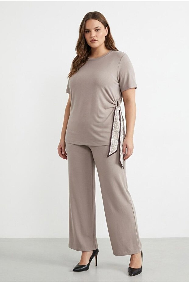 Women's Plus Size Short Sleeve Side Gathered Scarf Tie Sweatshirt Set 8260-26