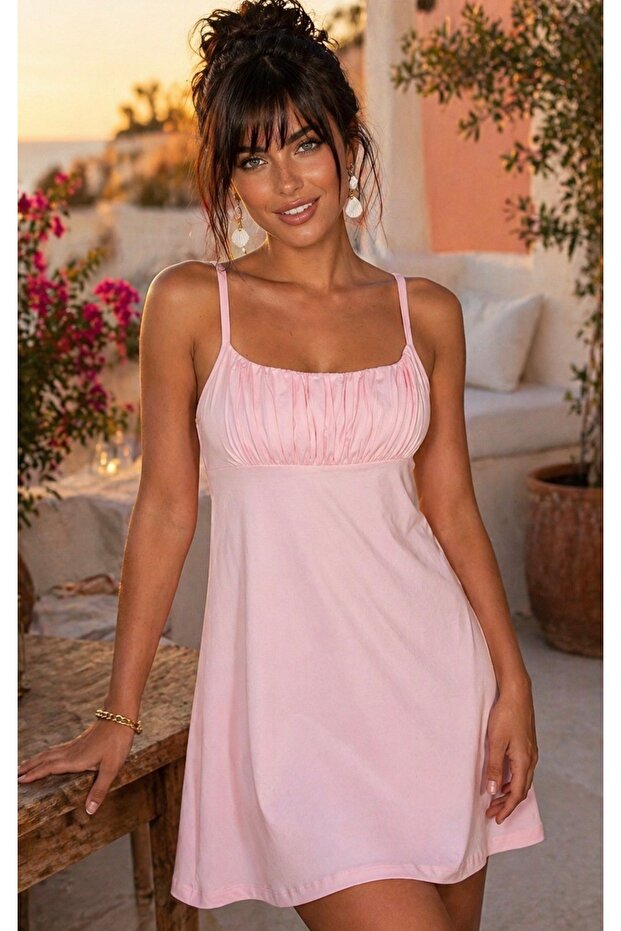 Women's Pink Front Gathered Mini Dress Be398