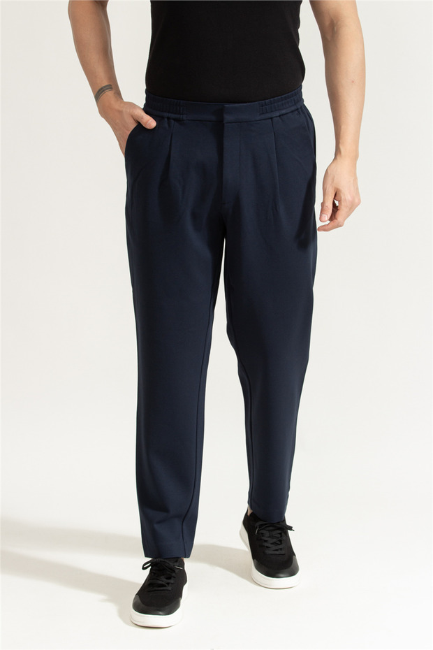 Slim Tapered Knit Pleated Pant Men's Navy Blue Fabric Trousers