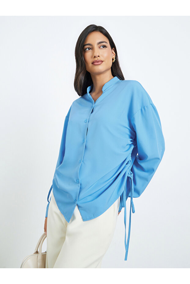Blue Oversized Long Sleeve Shirt with Drawstring Detail