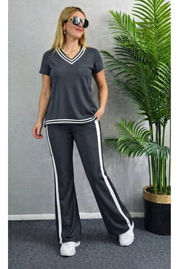 Women's Short Sleeve V-Neck Viscose Two Thread Blouse and Trousers Two-Piece Set