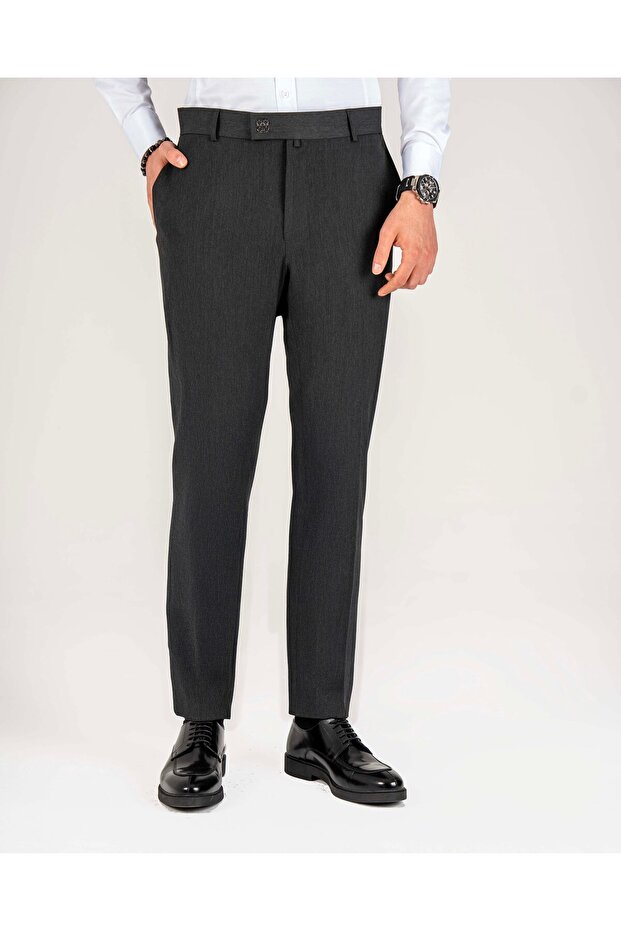 Slim Fit Patterned Metal Buttoned Trousers Anthracite T14923