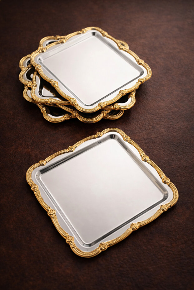 Zenya Luxury Silver 4-Piece Stainless Steel Gold Frame Coffee Presentation Tray Serving Decorative Tray