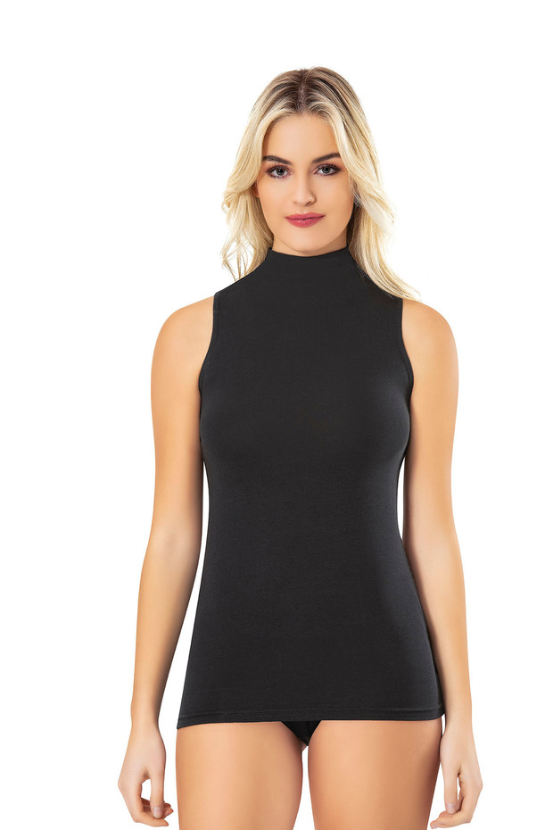 Black Modal Turtleneck Sleeveless Basic Blouse - 3