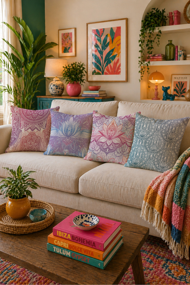 Lotus and Hamsa Patterned Set of 4 Throw Pillow Covers, Double-Sided, 43X43 Cm, Bohemian Meditation