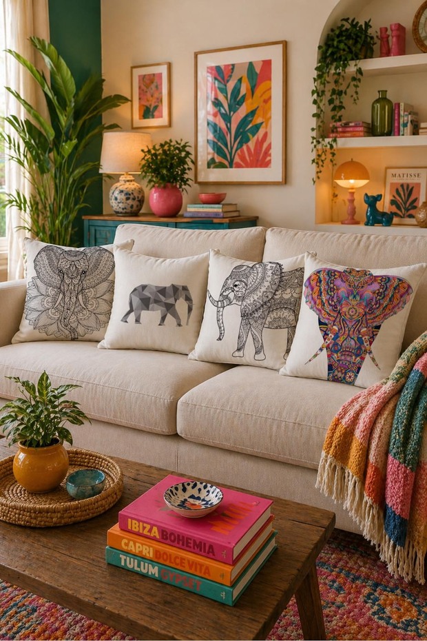 Ethnic Throw Pillow Cover Set of 4 Tribal Colorful Elephants Decorative Pillow