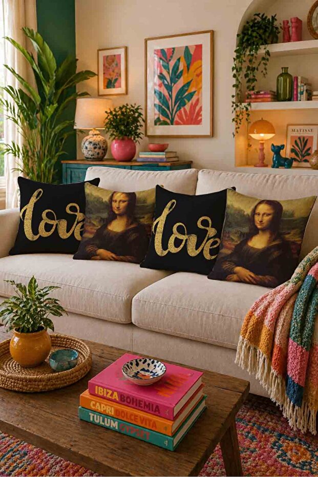 Mona Lisa and Love Written Artistic 4-Piece Throw Pillow Cover