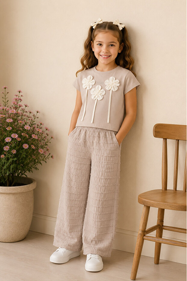 Girl's Floral Patterned Wide-Leg Pants Set, Casual, Comfortable and Stylish Combination