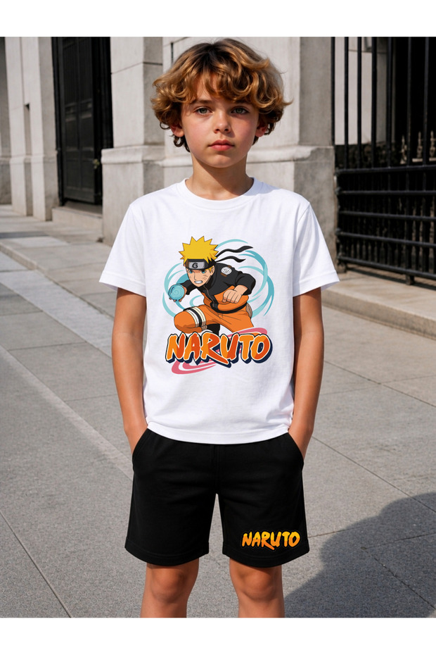 طقم شورت وتي شيرت للأولاد مطبوع عليه شخصيات أنمي ناروتو