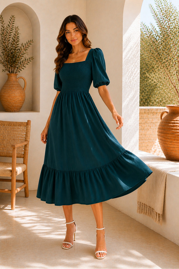 Women's TURQUOISE Gipeli Square Neck Midi Dress