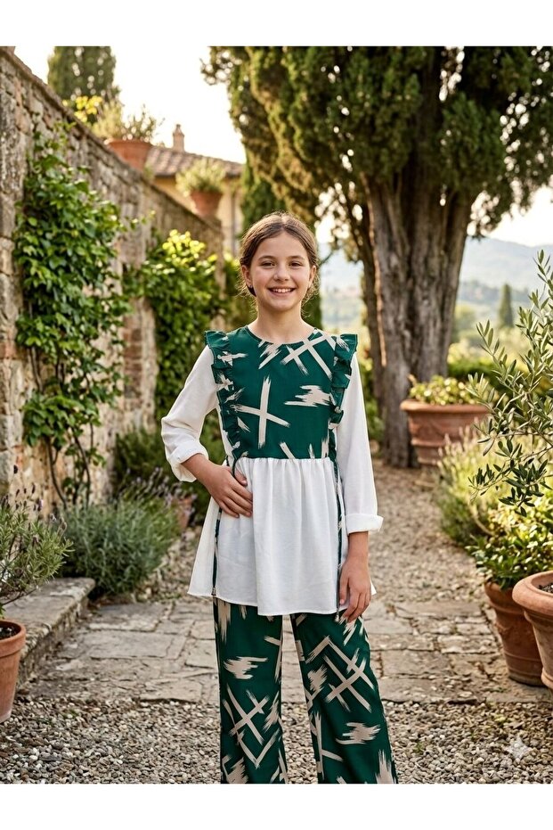 Girl's Ruffle Detailed Patterned 2-Piece Stylish Set - Casual and Special Occasion Outfit