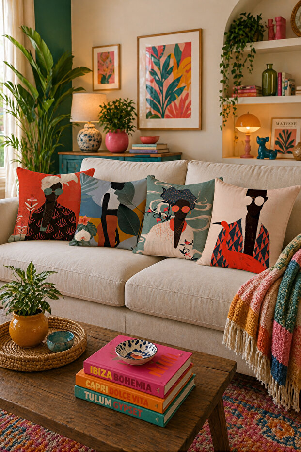 Set of 4 Cushion Covers with Abstract Female Figures 43X43 Bohemian Modern Decorative Pillow Set