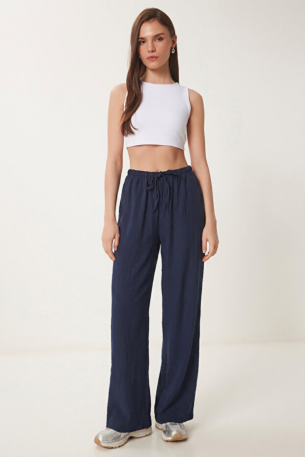 Wide Leg Summer Trousers with Pockets Lub0343 Dark Blue