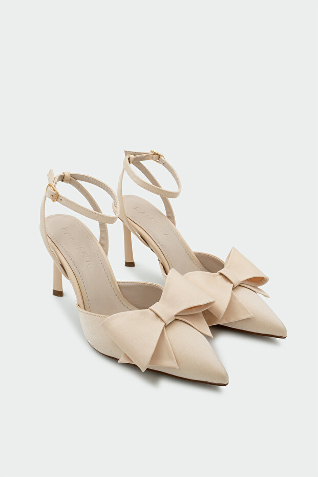 Glori Bow Detailed Women's Leather Satin Heeled Shoes