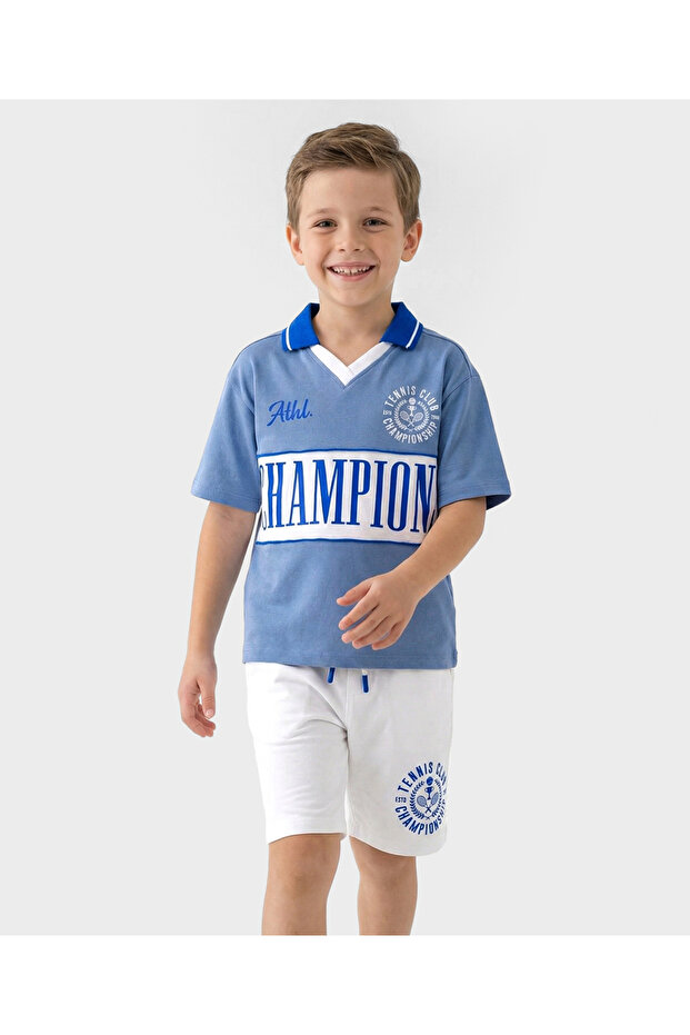 100% Cotton Oversized Text Printed Polo T-Shirt & Shorts Set - Blue