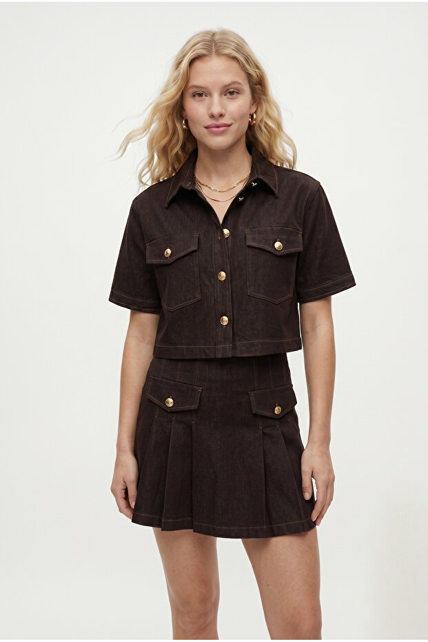 Women's James Denim Shorts Skirt Shirt Brown Bottom Top Set