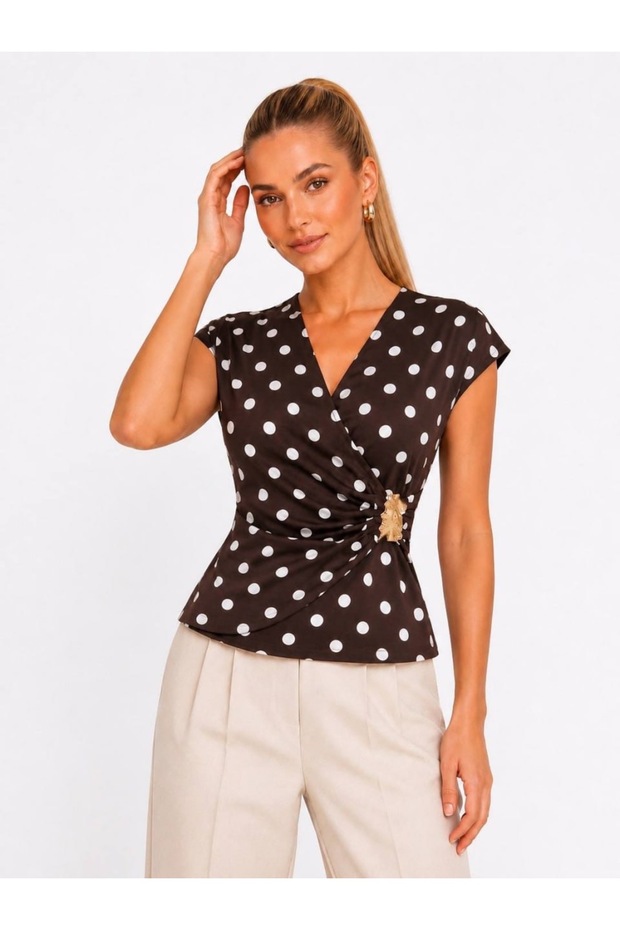 Women's Polka Dot Double-Breasted Blouse with Accessory Detail