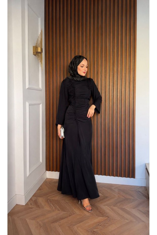 Drawstring Detailed Women's Hijab Dress Black