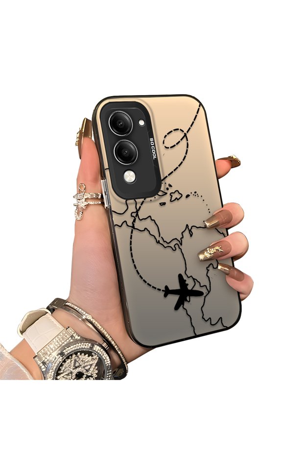 Vivo Y04 Compatible Travel-Themed Map Plane Printed Shockproof Hard Case