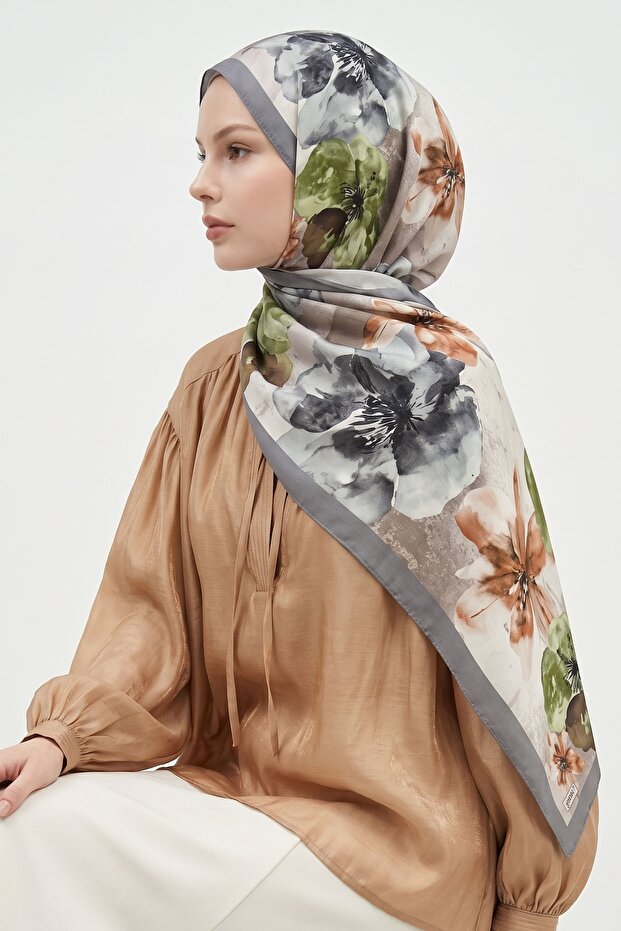 Magnolia Patterned Khaki Soft Cotton Shawl