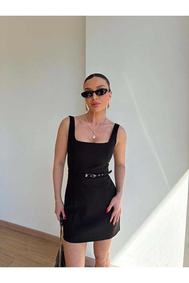 Basic Luxury Black Mini Square Neck Dress - 1