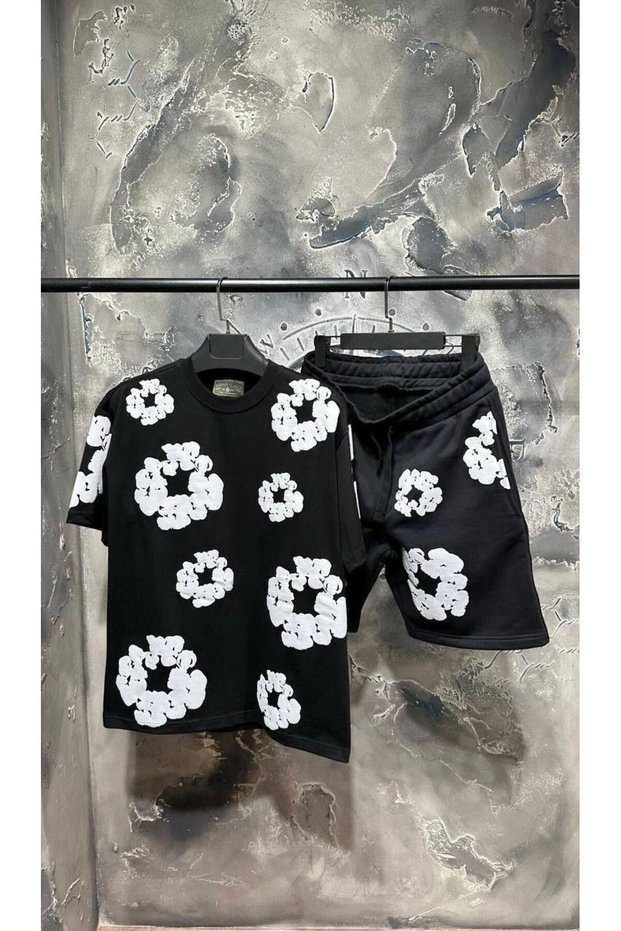 Premium Embossed Print Detailed Oversize T-Shirt Shorts Set Modern Street Style