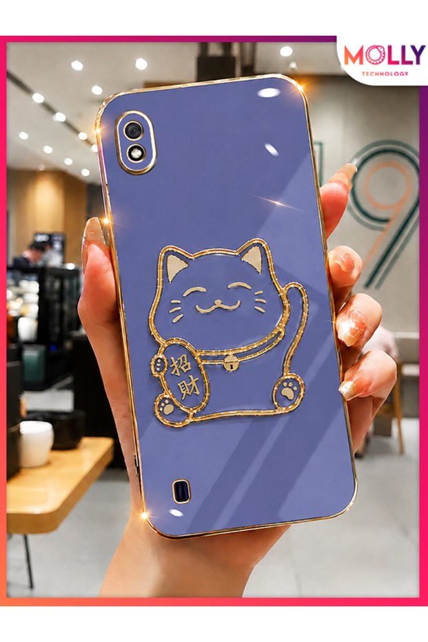 Petrol Blue Edges Gold Detailed Lucky Cat Stand Luxury Silicone Case for Samsung Galaxy A10