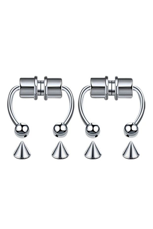 WHITE Silver-2Pcs Fake Piercing Nose Ring Hoop Septum Non Piercing Nose Clip Rock HipHoop Stainless