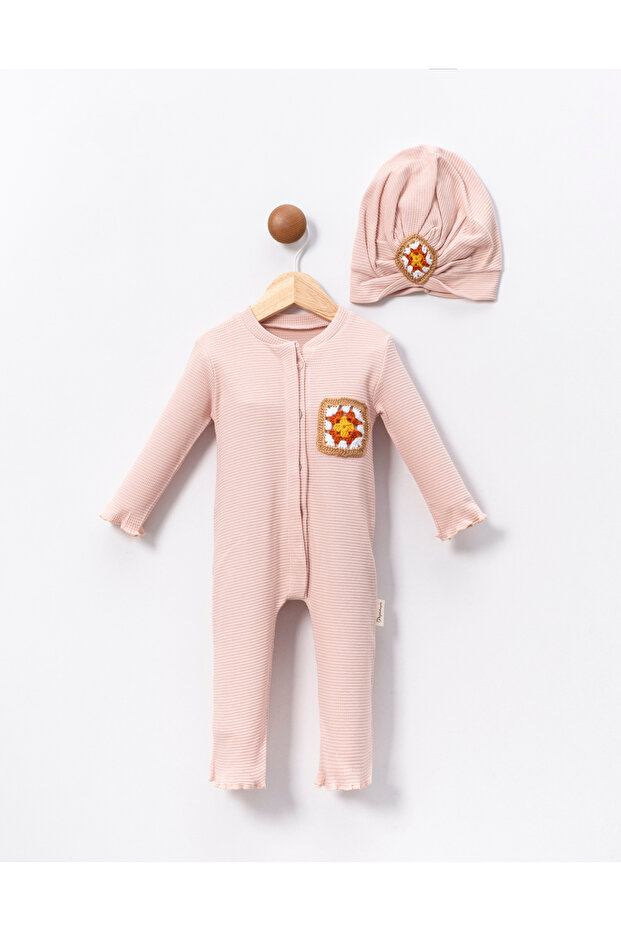 Embroidery Detailed Powder Baby Girl Jumpsuit with Hat