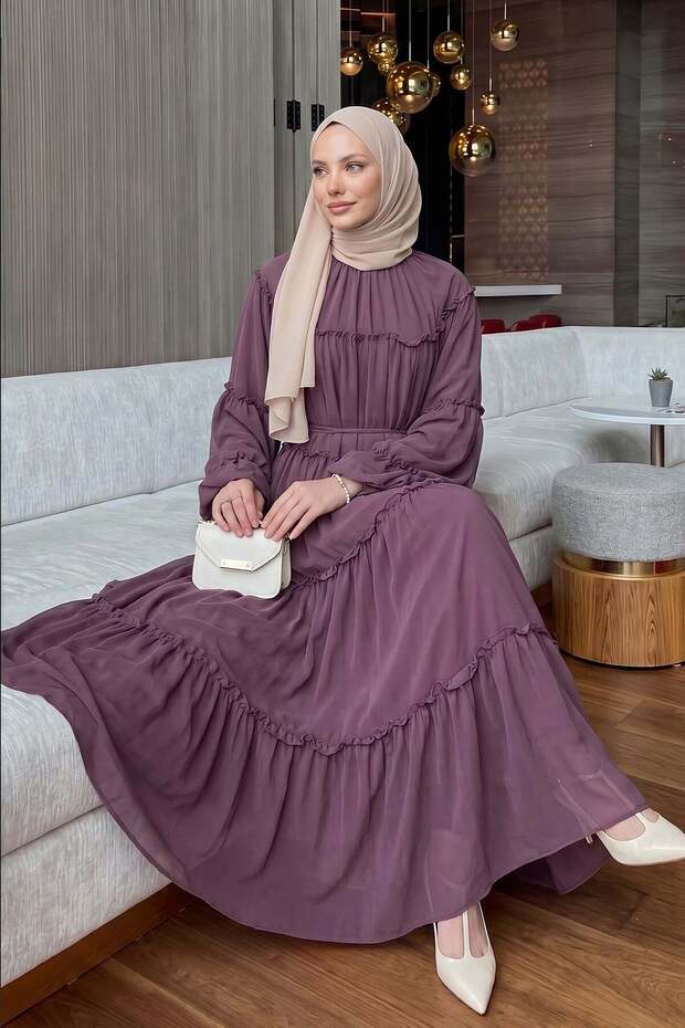 Chiffon Ruffle Dress 9886 - Mürdüm