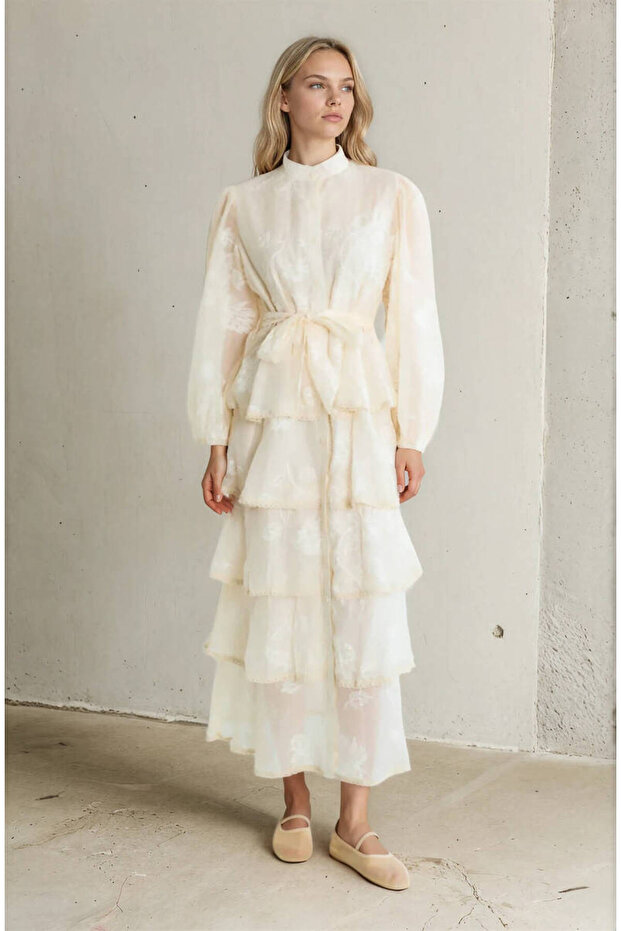 Long Sleeved Embroidered Layered Belted Dress 39688