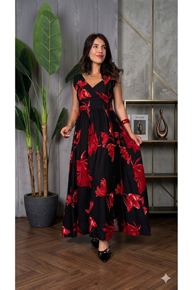 Women's New Season Floral Patterned Slit V-Neck Single Jersey Maxi Length Dress