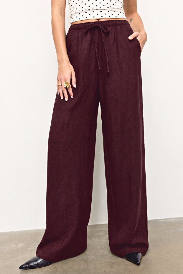 Linen Blend Dark Burgundy Loose Fit Trousers