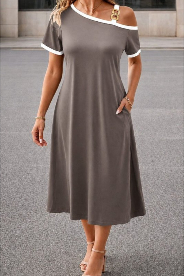 Women's One-Shoulder Strap Short Sleeve Midi Length Viscose Dress