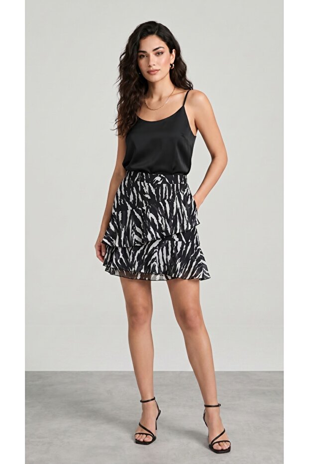 Zebra Patterned Asymmetrical Layered Elastic Waist Lined Tulle Mini Skirt
