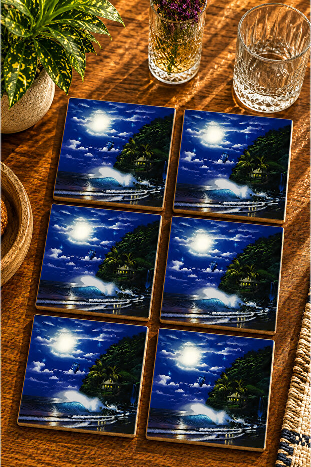 Night View Ocean Waves Modern Set of 6 Coasters - Uv Printed Mdf - 10X10 cm
