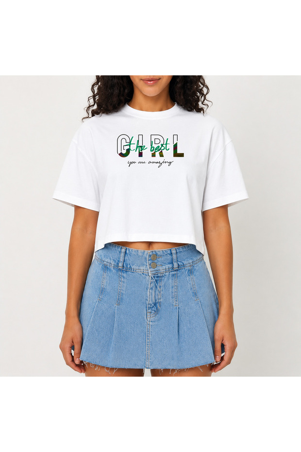Crop T-Shirt White Printed Relaxed Fit Raw Cut Basic Short Tshirt