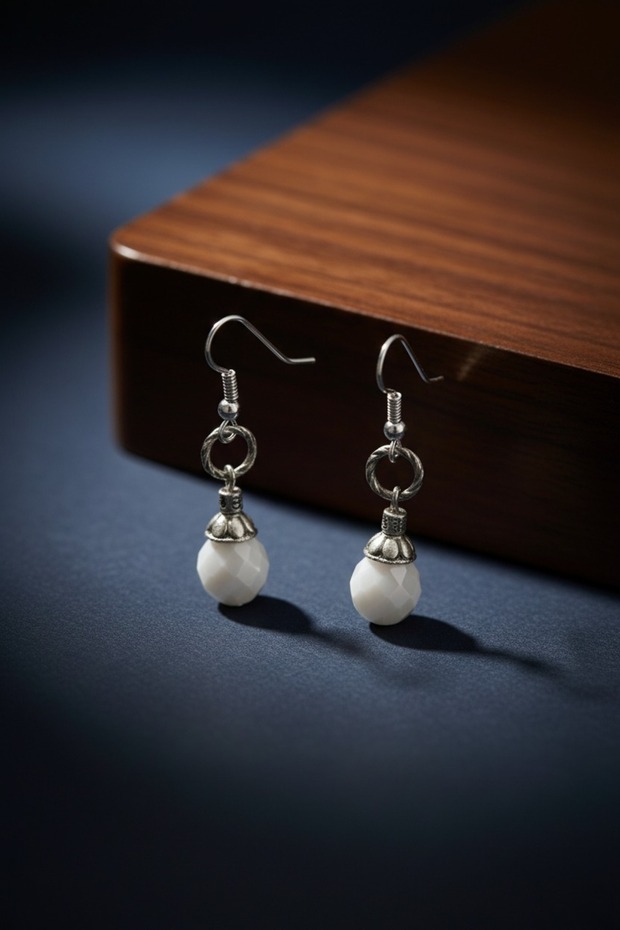 Faceted Cut White Beaded Dangle Earrings
