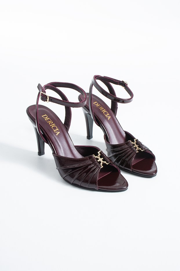 Solavie Women's Genuine Leather Patent Leather Burgundy Pleated Detailed Thin Heeled Sandals