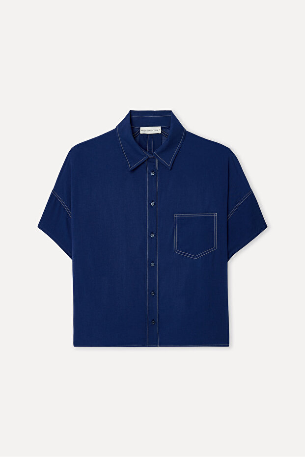 Women's Navy Blue Oversize Short Sleeve Linen Shirt