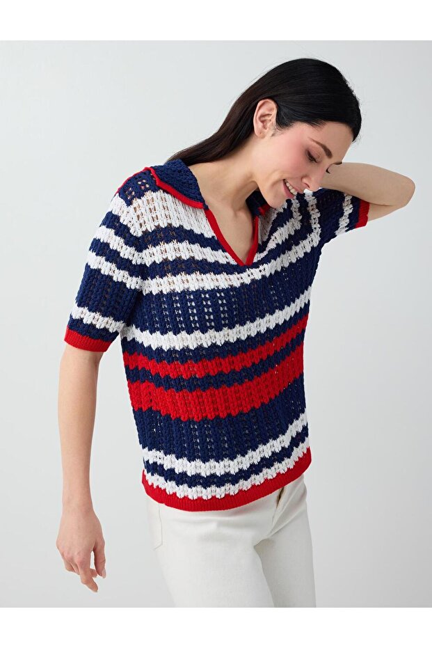 Navy Blue Cotton Blend Polo Collar Knitwear Blouse
