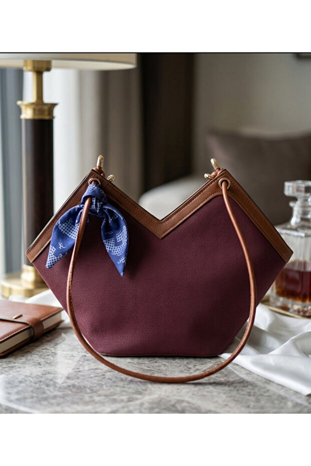 Burgundy/Tan Color Ribbon Detailed Shoulder Bag
