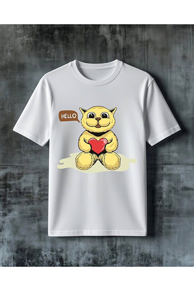 Hello Cat Love Printed Oversize T-Shirt
