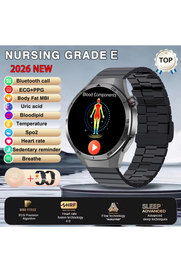 24-hour Diagnosis Black Steel B 2A 2026 New Nursing Grade ECG+PPG Smart Watch Health Analysis Blood