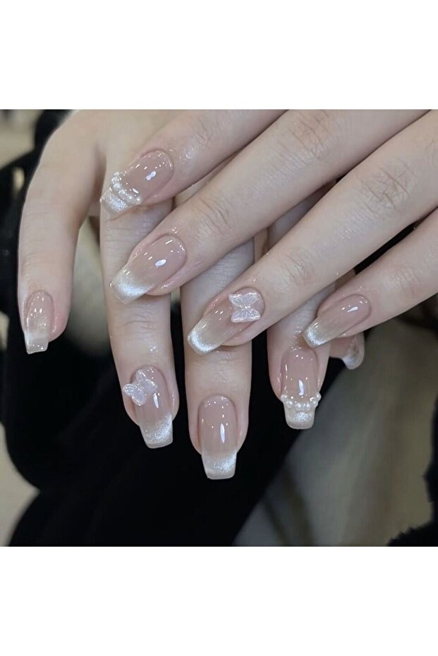 S 10pcs Pink Butterfly Press on Nails Cat Eyes Blush Fake Nails Handmade DIY False Nails for Women .