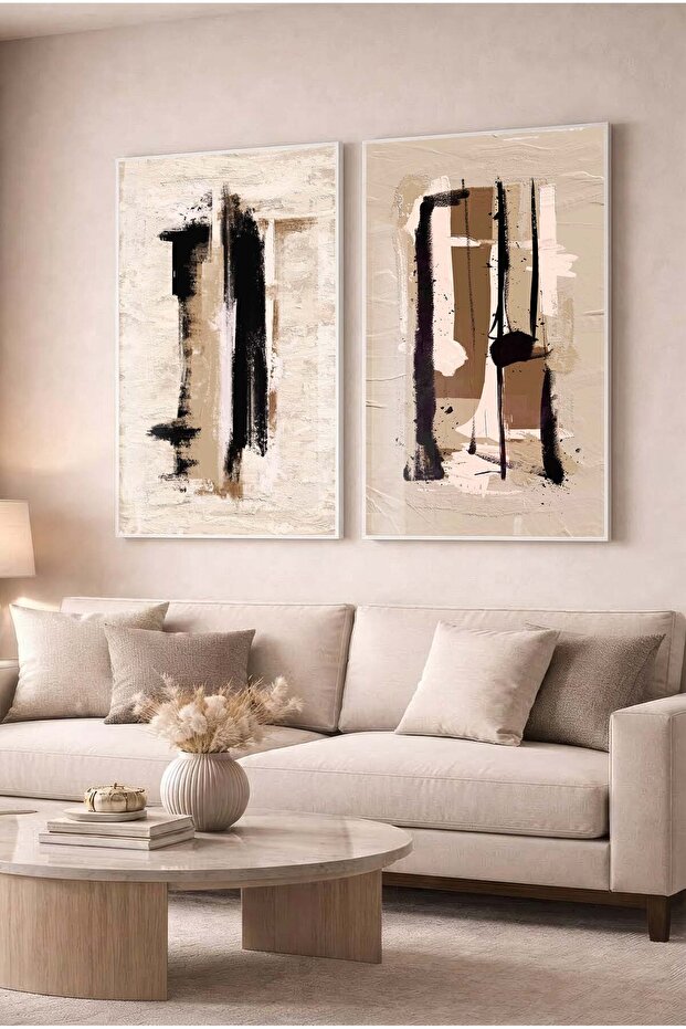 Brushstroke Earth Tones Concept 2-Piece Glass Painting Set with White Metal Frame for Home and Office