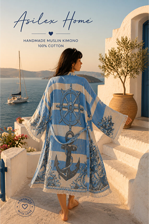 Jacquard Woven Sailor Patterned 100% Cotton Muslin Kimono Oversize Beach Kaftan Yacht Style Women's Bathrobe