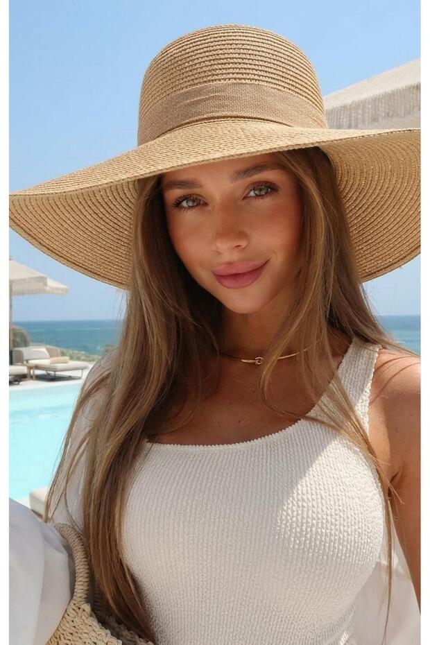 Women's Straw Hat with Large Brim and Ribbon, Focused on Simplicity